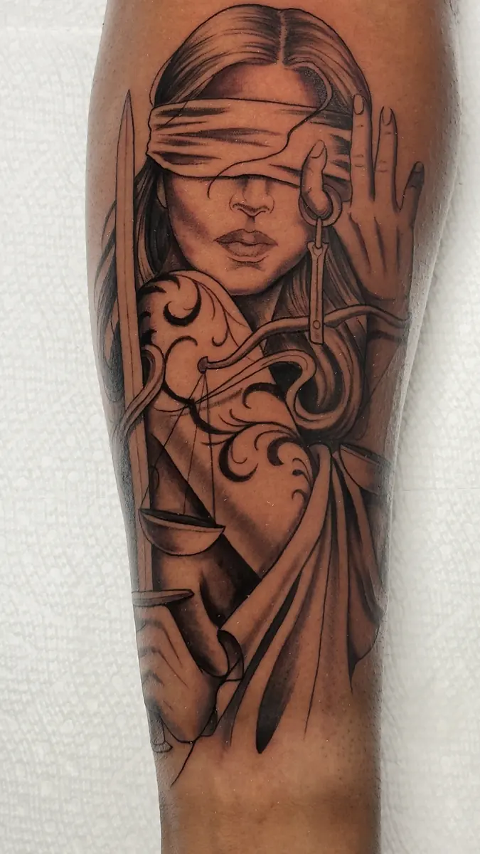 Tatuaje whipshading: dama de la justicia con venda, espada y balanza, en el antebrazo
